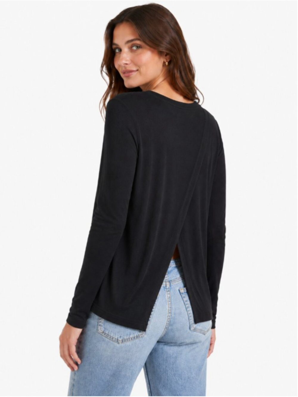 MARINE LAYER Lexi Rib Ribbed LS Top Black Large Crossover Back Modal Athleisure